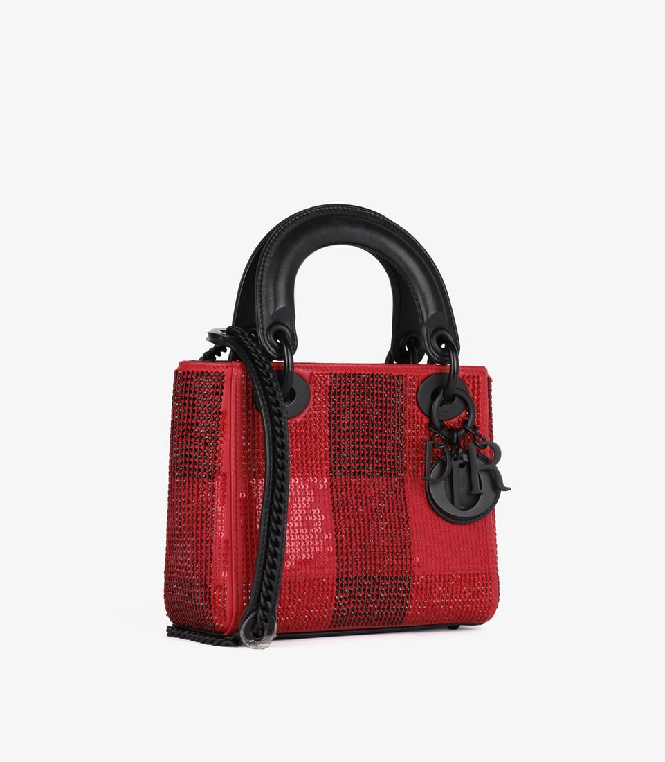 Christian Dior Black & Red Check Embellished Lambskin Leather Mini Lady Dior - 3