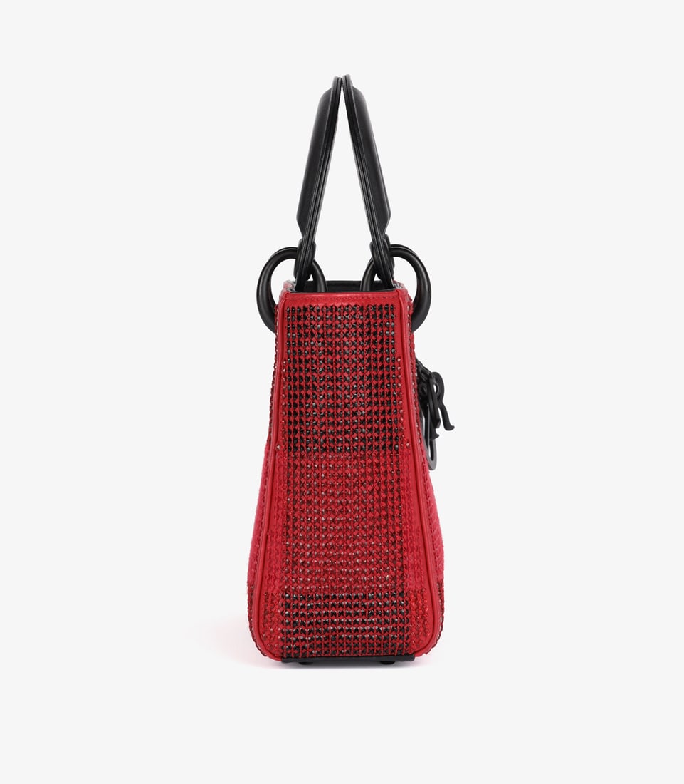Christian Dior Black & Red Check Embellished Lambskin Leather Mini Lady Dior - 4