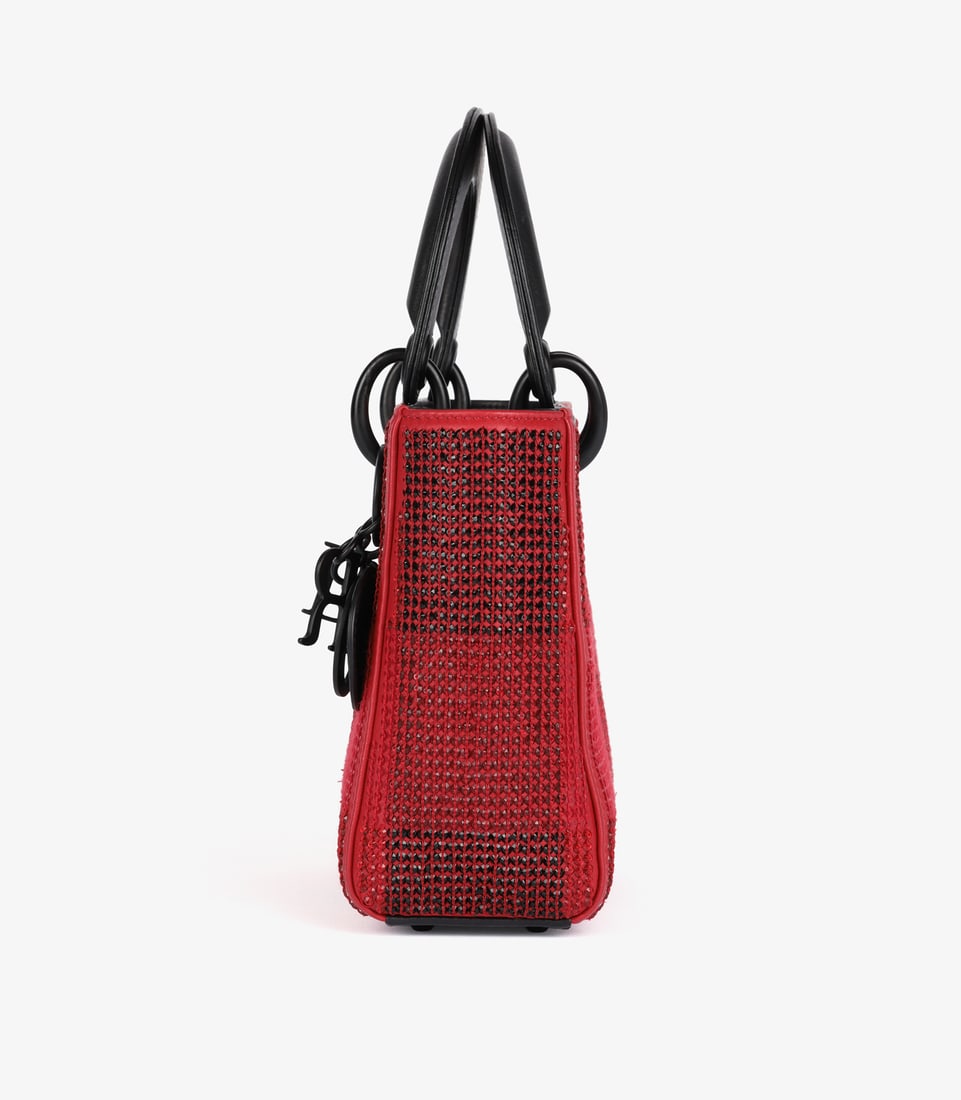 Christian Dior Black & Red Check Embellished Lambskin Leather Mini Lady Dior - 5
