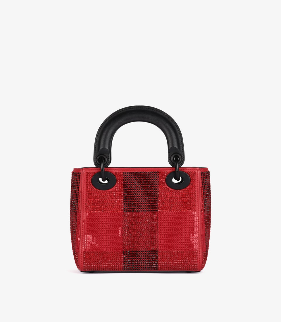Christian Dior Black & Red Check Embellished Lambskin Leather Mini Lady Dior - 6