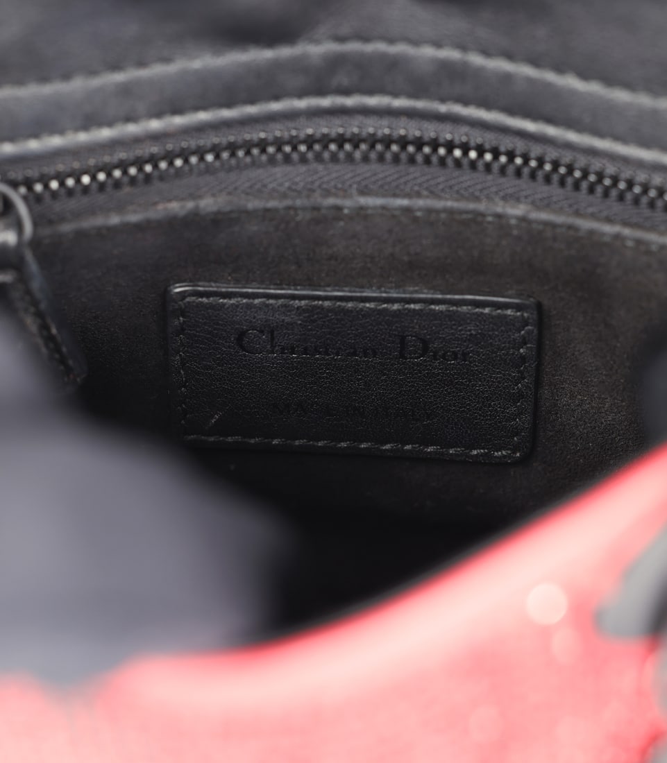Christian Dior Black & Red Check Embellished Lambskin Leather Mini Lady Dior - 8