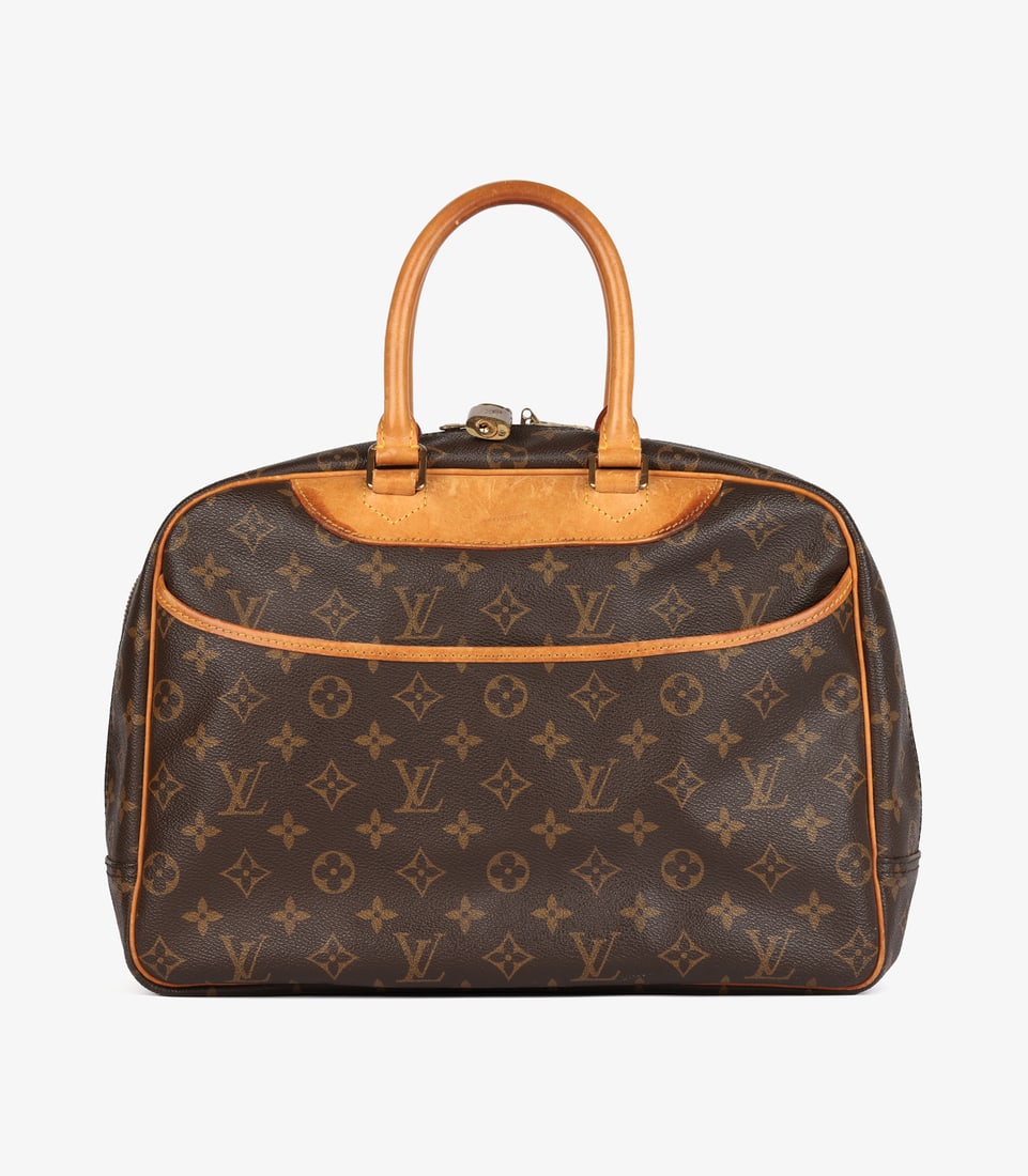 Louis Vuitton Brown Monogram Coated Canvas & Vachetta Leather Vintage Deauville: Title: Louis Vuitton Brown Monogram Coated Canvas & Vachetta Leather Vintage Deauville Description: Louis Vuitton Brown Monogram Coated Canvas & Vachetta Leather Vintage Deauvill