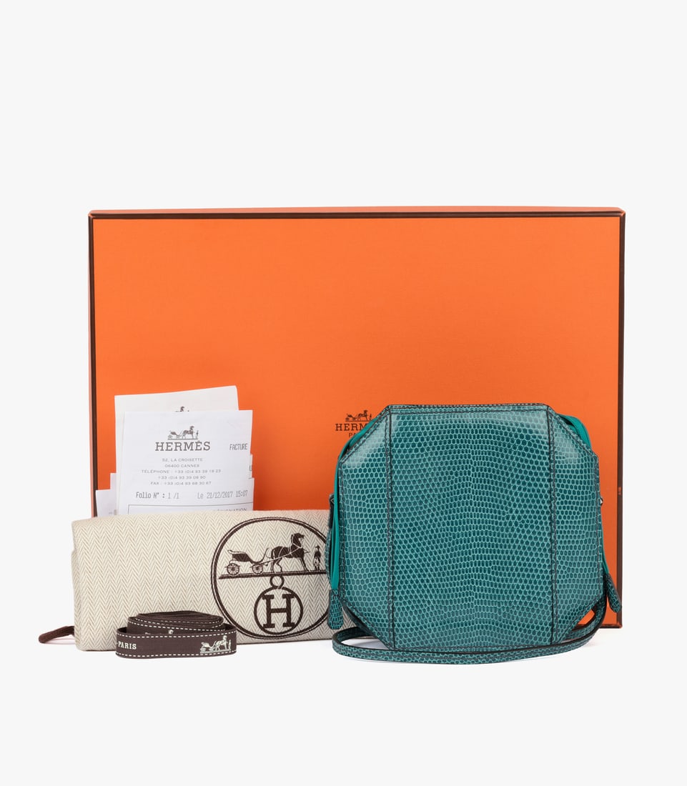 Hermès Bleu Petrole Shiny Niloticus Lizard Leather & Silk Sac a Poudrier Handbag - 12
