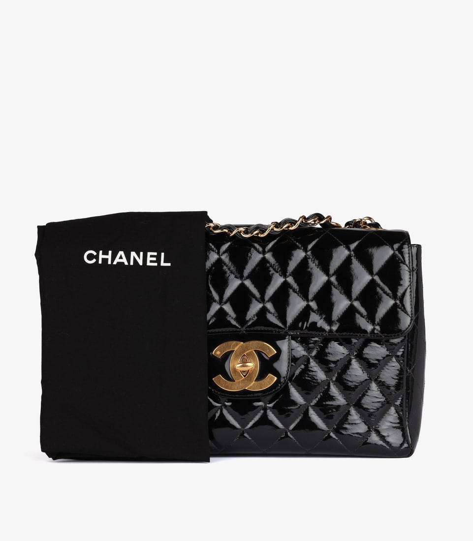 Chanel Black Quilted Patent Leather Vintage Jumbo XL Classic Single Flap Bag - 11