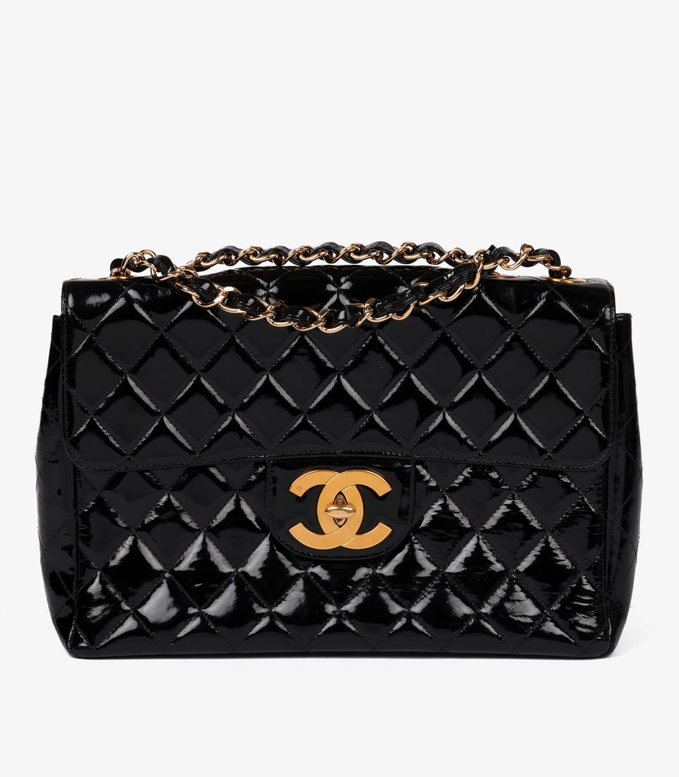 Chanel Black Quilted Patent Leather Vintage Jumbo XL Classic Single Flap Bag - 12