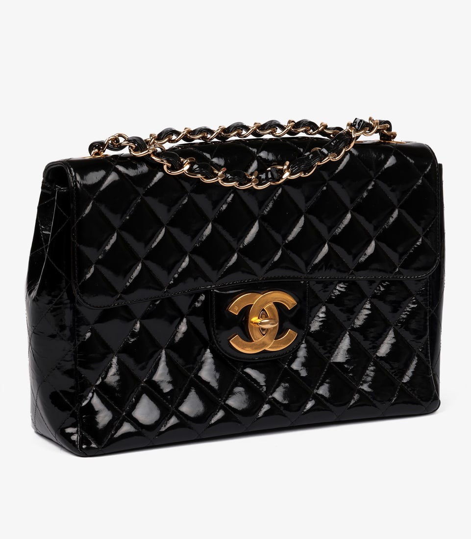 Chanel Black Quilted Patent Leather Vintage Jumbo XL Classic Single Flap Bag - 13