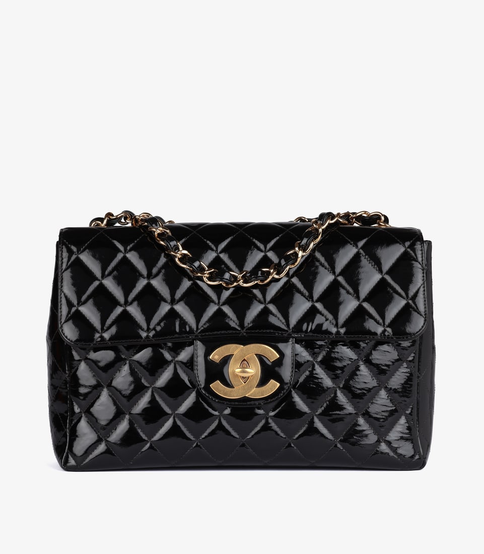 Chanel Black Quilted Patent Leather Vintage Jumbo XL Classic Single Flap Bag: Title: Chanel Black Quilted Patent Leather Vintage Jumbo XL Classic Single Flap Bag Description: Chanel Black Quilted Patent Leather Vintage Jumbo XL Classic Single Flap Bag Product Details