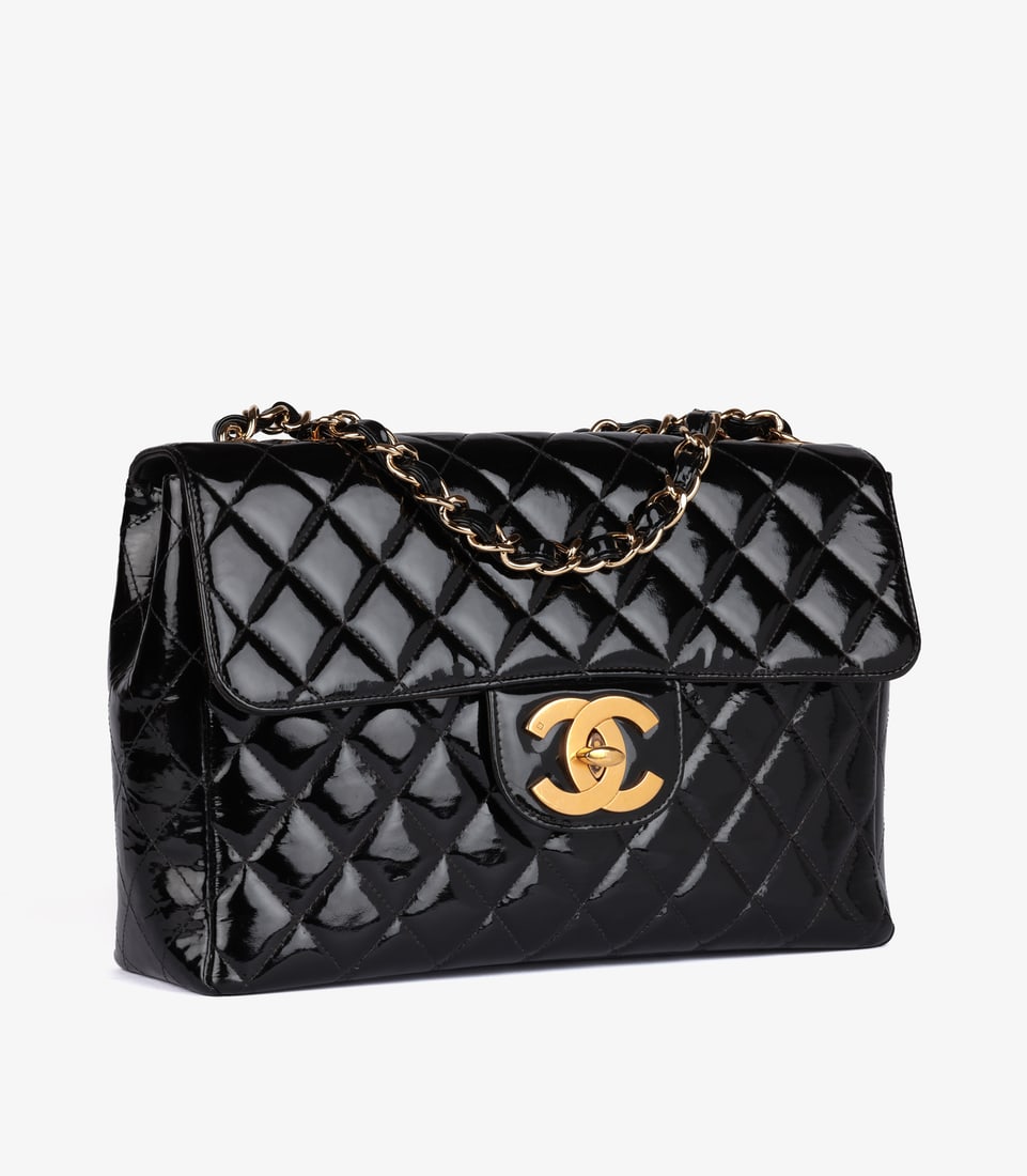 Chanel Black Quilted Patent Leather Vintage Jumbo XL Classic Single Flap Bag - 3