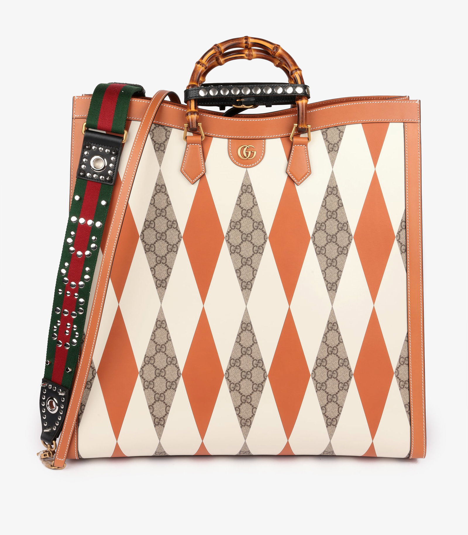 Gucci Brown, White & GG Supreme Coated Canvas Patchwork, Brown Calfskin Leather Maxi Diana: Title: Gucci Brown, White & GG Supreme Coated Canvas Patchwork, Brown Calfskin Leather Maxi Diana Description: Gucci Brown, White & GG Supreme Coated Canvas Patchwork, Brown Calf