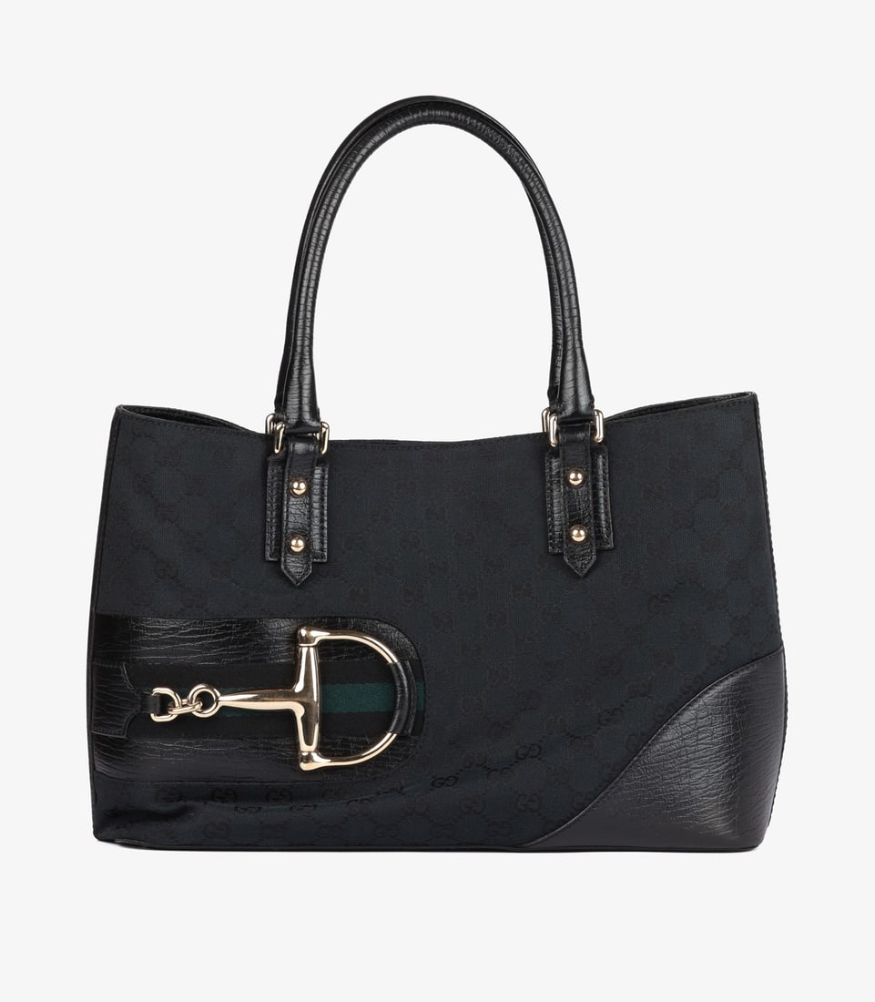 Gucci Blue GG Monogram Canvas & Black Calfskin Leather Web Vintage Horsebit Hasler Tote: Title: Gucci Blue GG Monogram Canvas & Black Calfskin Leather Web Vintage Horsebit Hasler Tote Description: Gucci Blue GG Monogram Canvas & Black Calfskin Leather Web Vintage Horsebit Hasler