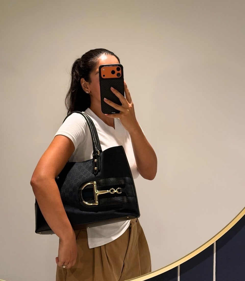 Gucci Blue GG Monogram Canvas & Black Calfskin Leather Web Vintage Horsebit Hasler Tote - 2