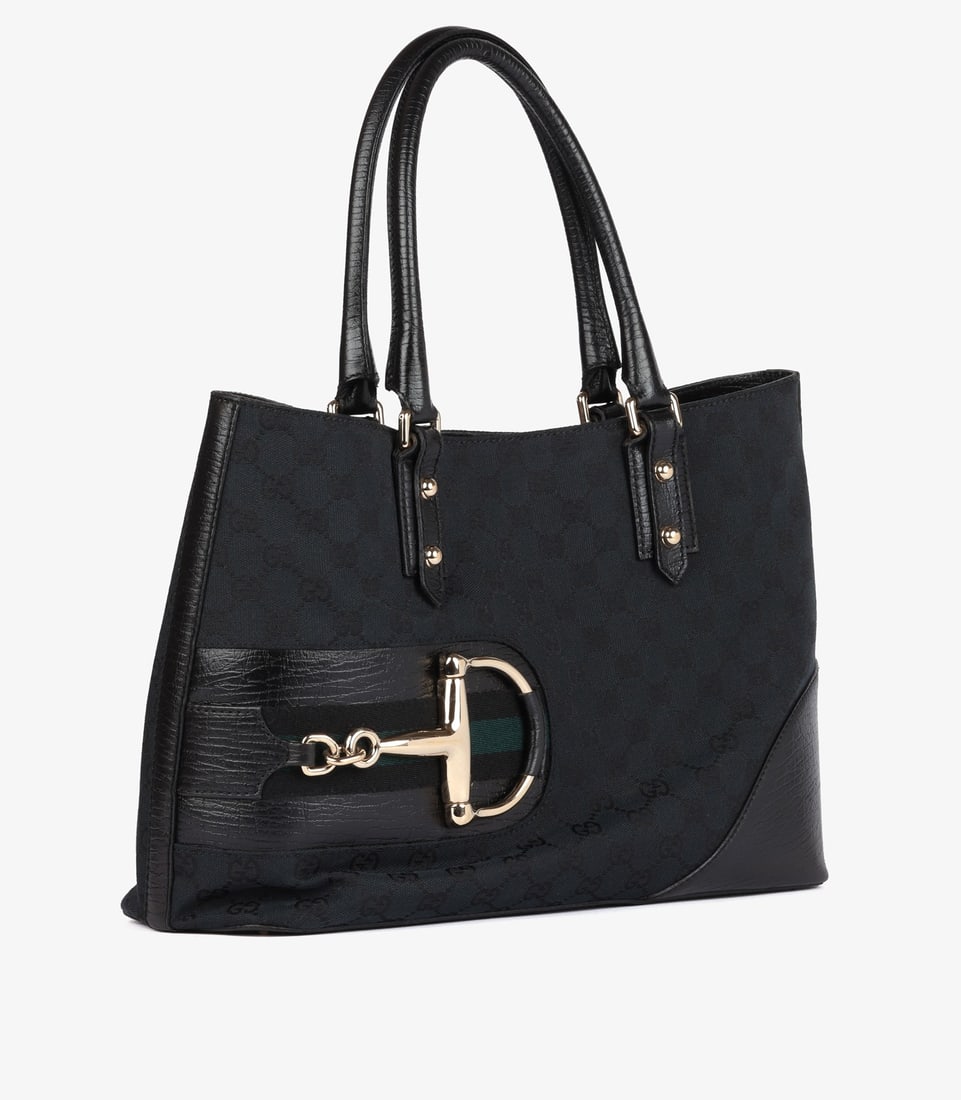 Gucci Blue GG Monogram Canvas & Black Calfskin Leather Web Vintage Horsebit Hasler Tote - 3