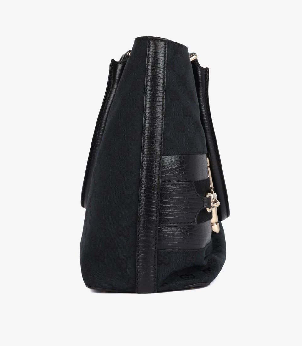 Gucci Blue GG Monogram Canvas & Black Calfskin Leather Web Vintage Horsebit Hasler Tote - 4
