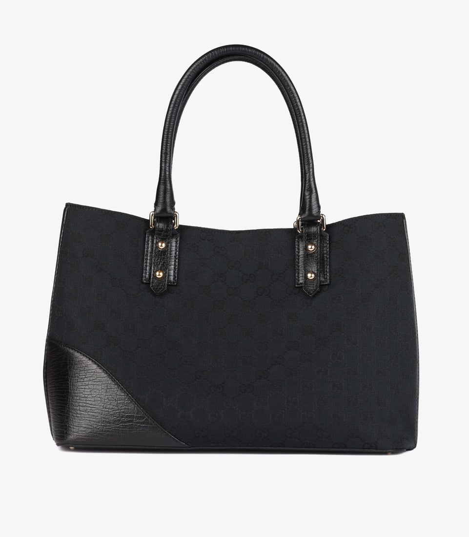 Gucci Blue GG Monogram Canvas & Black Calfskin Leather Web Vintage Horsebit Hasler Tote - 6