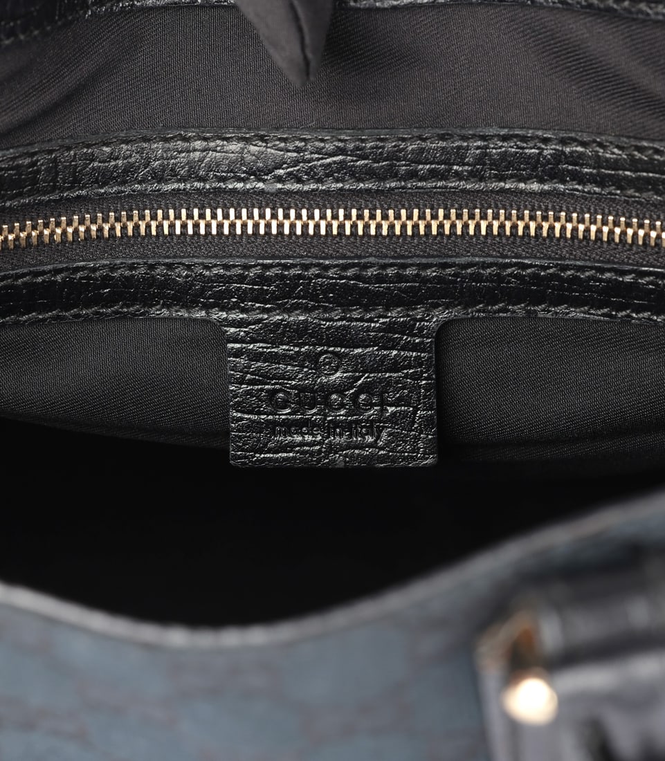 Gucci Blue GG Monogram Canvas & Black Calfskin Leather Web Vintage Horsebit Hasler Tote - 8