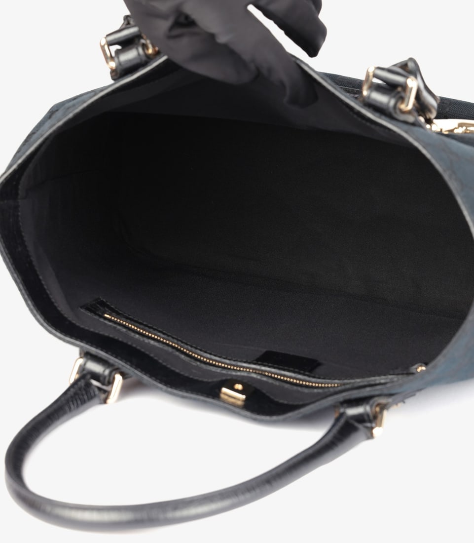 Gucci Blue GG Monogram Canvas & Black Calfskin Leather Web Vintage Horsebit Hasler Tote - 9