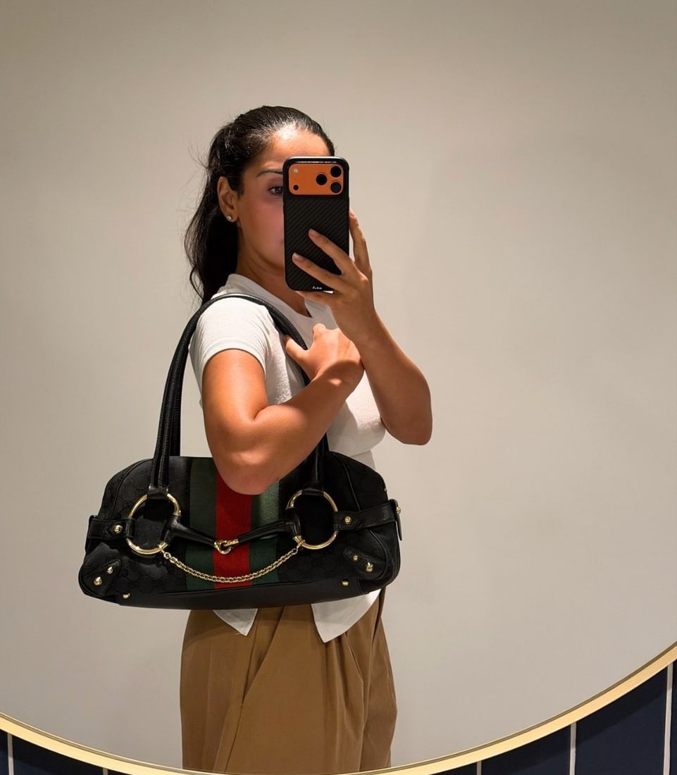 Gucci Black GG Monogram Canvas & Calfskin Leather Web Vintage Horsebit Tote - 2