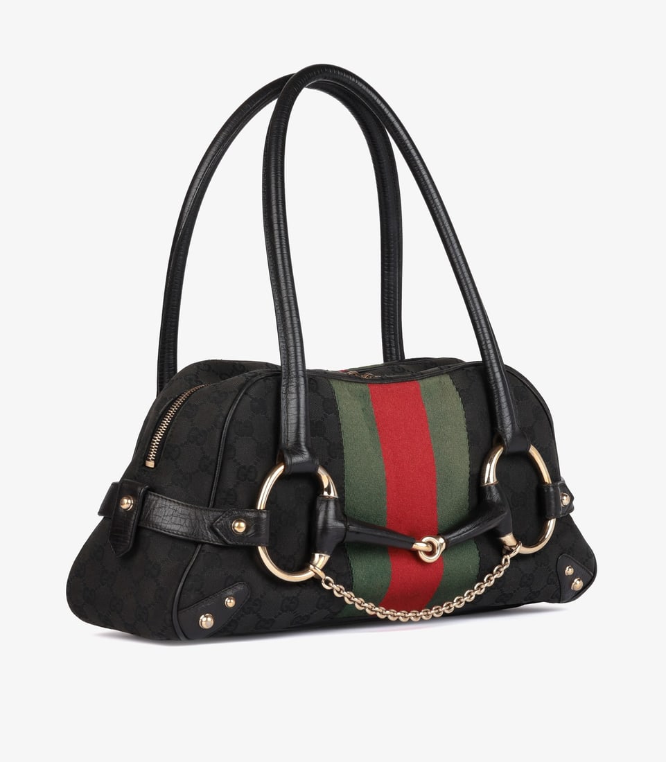 Gucci Black GG Monogram Canvas & Calfskin Leather Web Vintage Horsebit Tote - 3