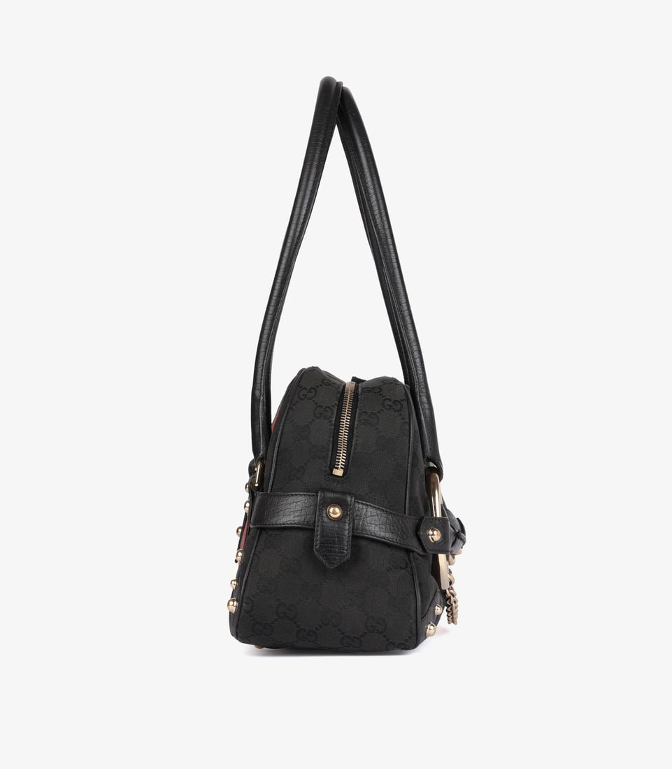 Gucci Black GG Monogram Canvas & Calfskin Leather Web Vintage Horsebit Tote - 4