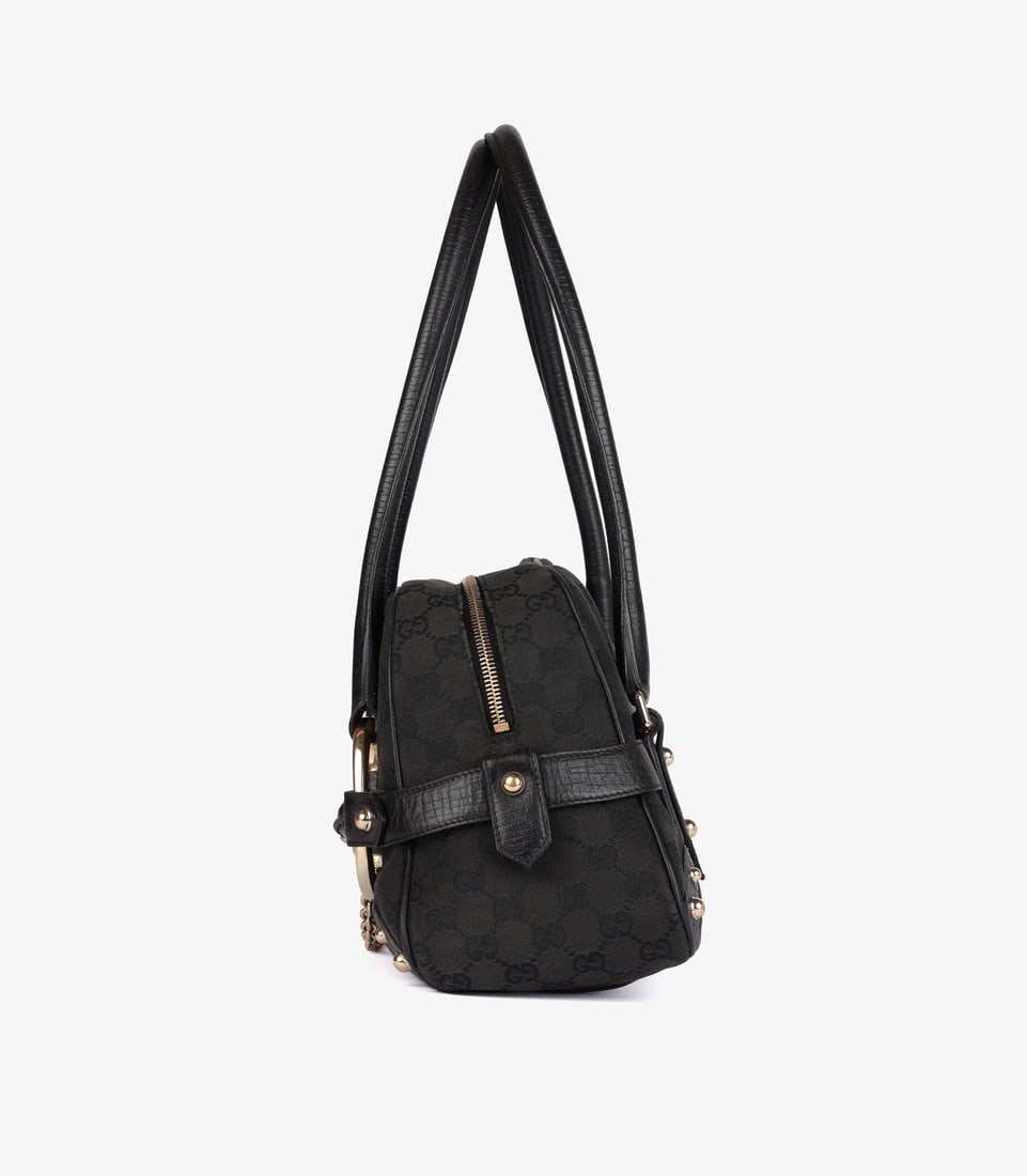 Gucci Black GG Monogram Canvas & Calfskin Leather Web Vintage Horsebit Tote - 5