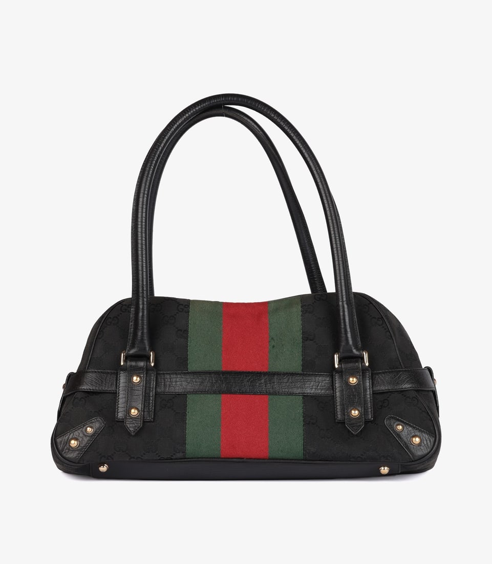 Gucci Black GG Monogram Canvas & Calfskin Leather Web Vintage Horsebit Tote - 6