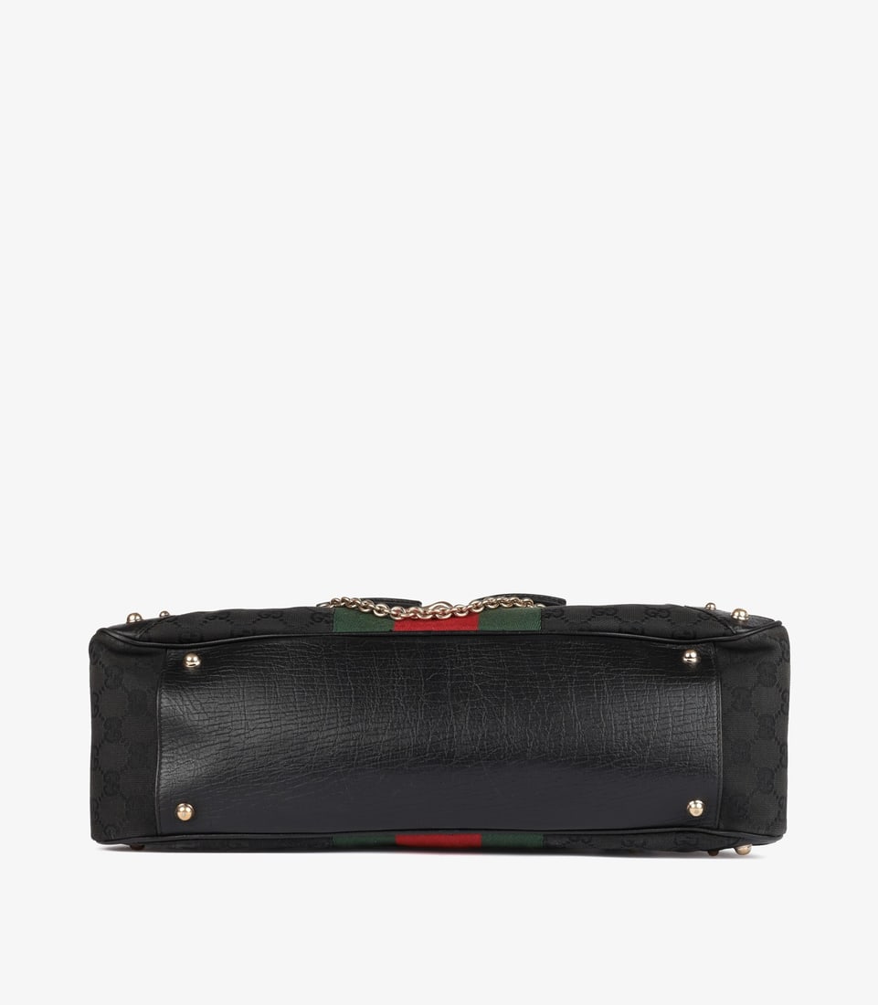 Gucci Black GG Monogram Canvas & Calfskin Leather Web Vintage Horsebit Tote - 7
