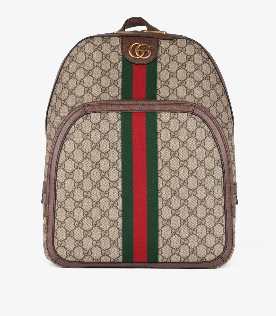 Gucci Beige GG Supreme Coated Canvas & Brown Pigskin Leather Web Ophidia Backpack: Title: Gucci Beige GG Supreme Coated Canvas & Brown Pigskin Leather Web Ophidia Backpack Description: Gucci Beige GG Supreme Coated Canvas & Brown Pigskin Leather Web Ophidia Backpack Product