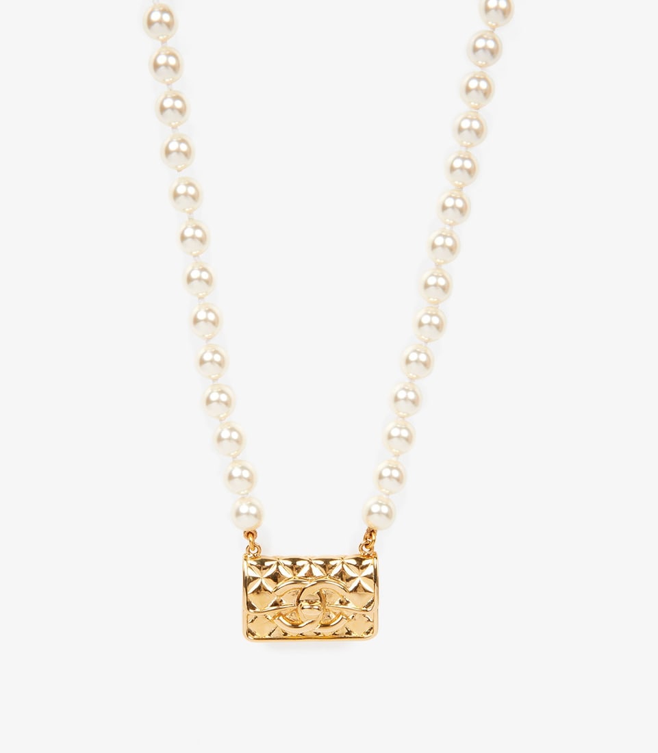 Chanel Faux Pearl Gold Tone Quilted Flap Bag Necklace - 2