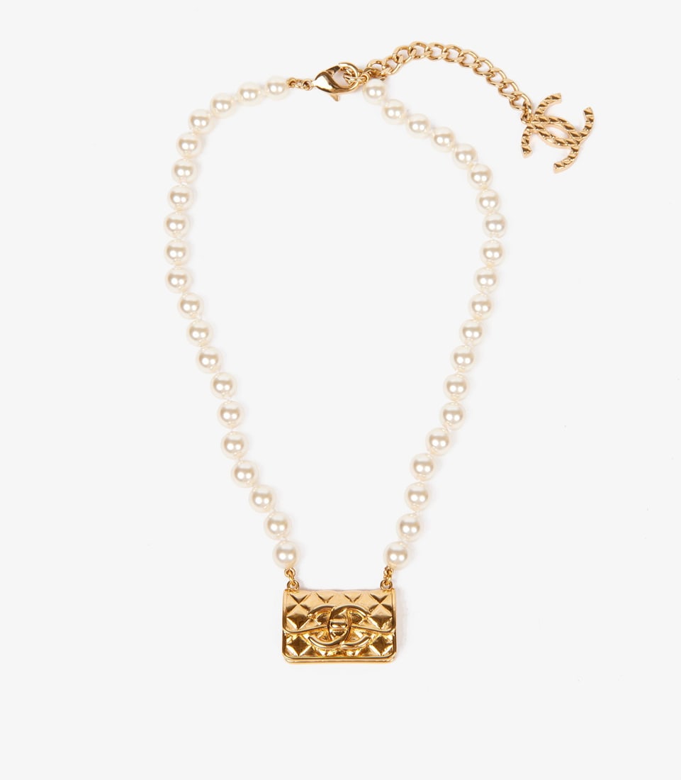 Chanel Faux Pearl Gold Tone Quilted Flap Bag Necklace - 3