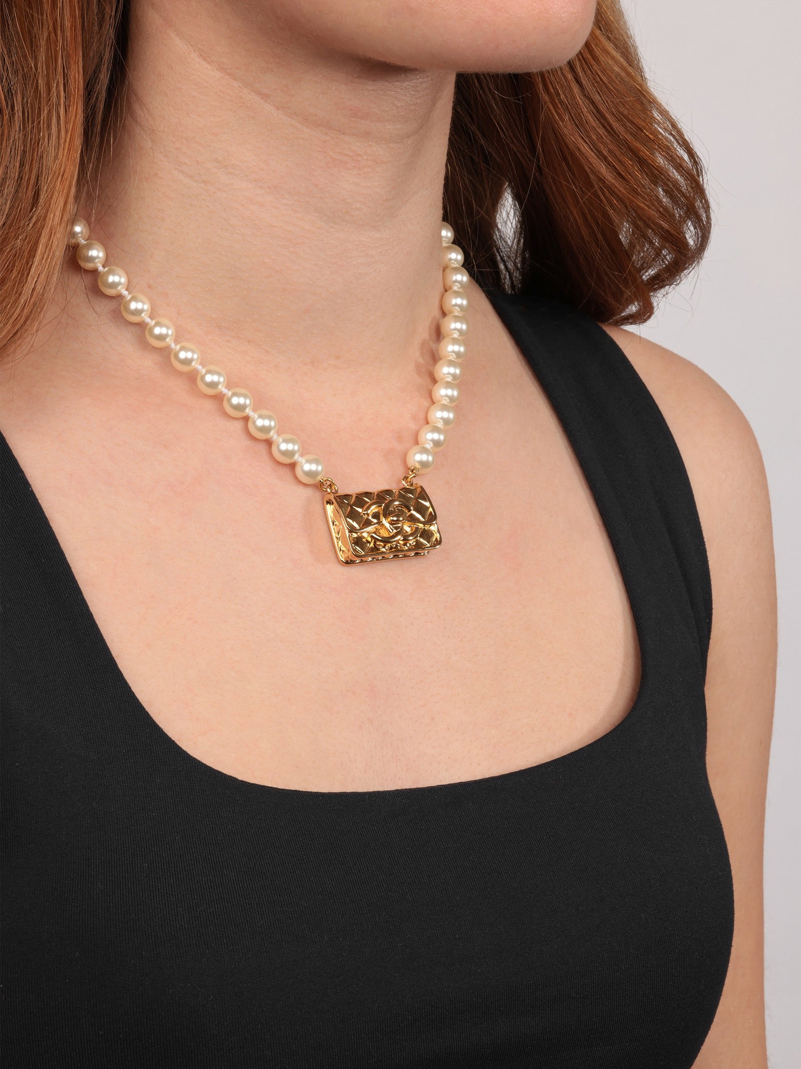 Chanel Faux Pearl Gold Tone Quilted Flap Bag Necklace - 4