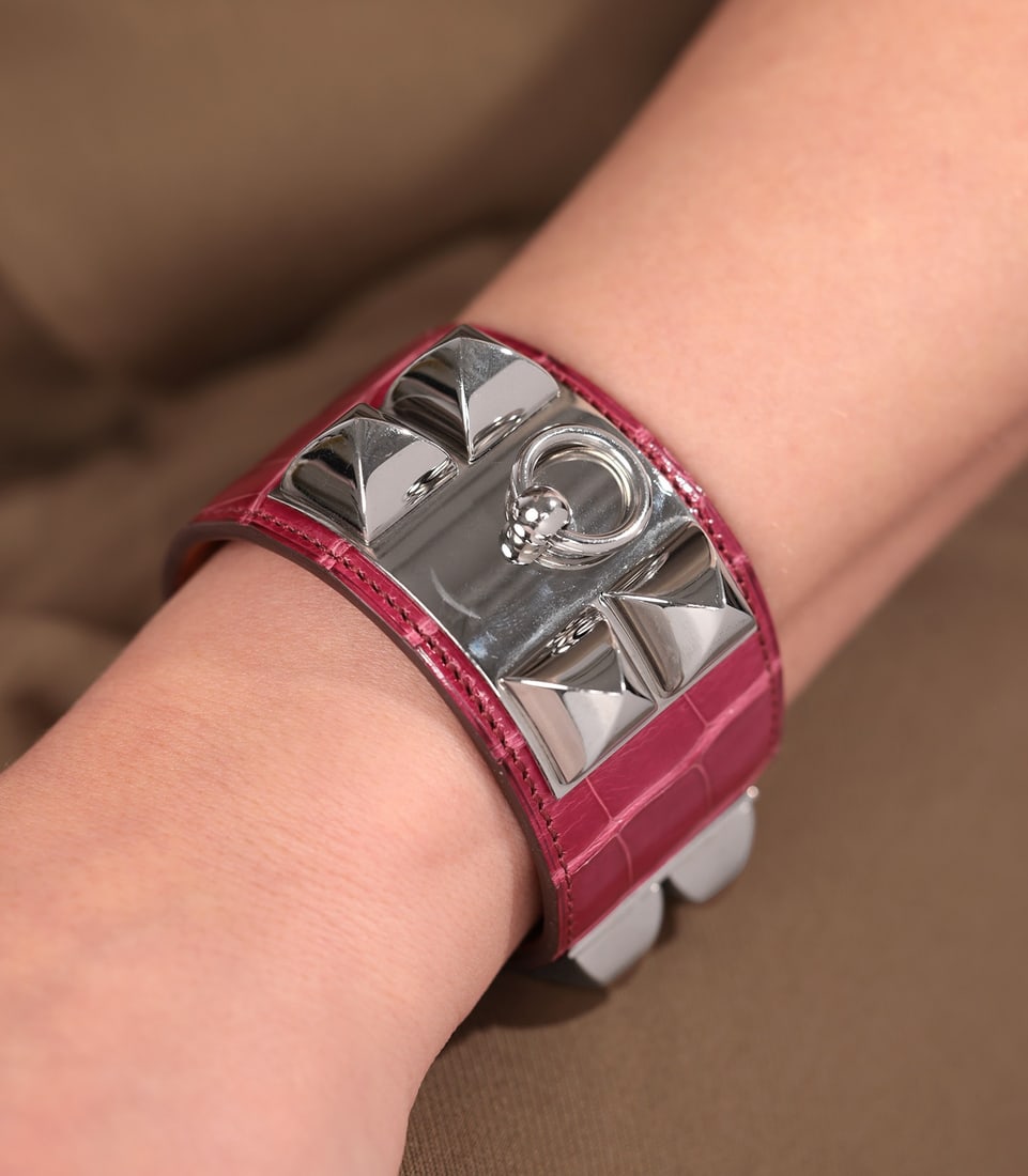 Hermès Fuchsia Shiny Mississippiensis Alligator Collier De Chien T2 - 2