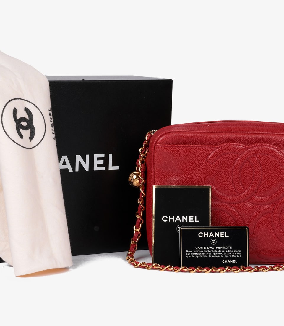 Chanel Red Caviar Leather Vintage Small Triple Logo Camera Bag - 12