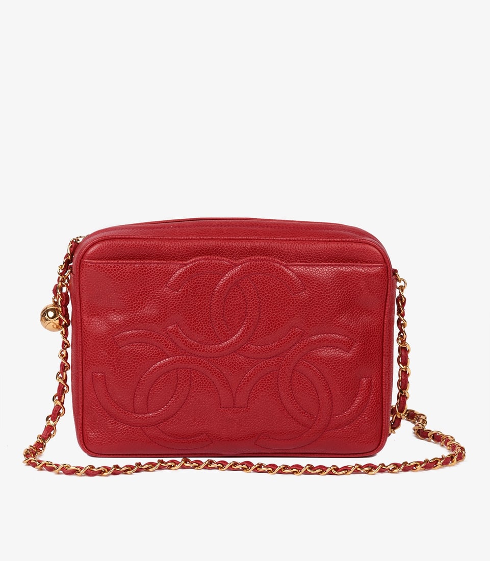 Chanel Red Caviar Leather Vintage Small Triple Logo Camera Bag (1 of 12)
