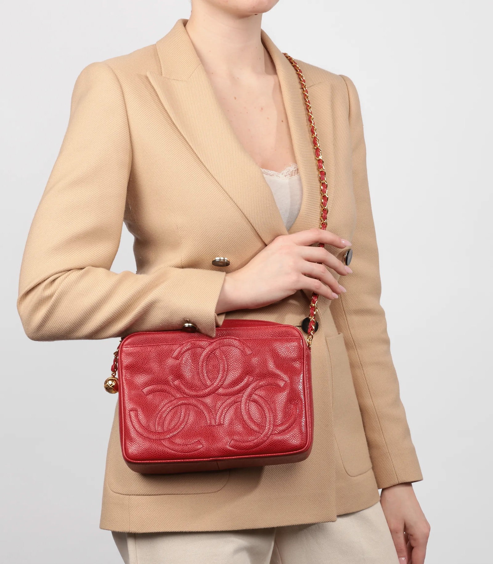 Chanel Red Caviar Leather Vintage Small Triple Logo Camera Bag - 2