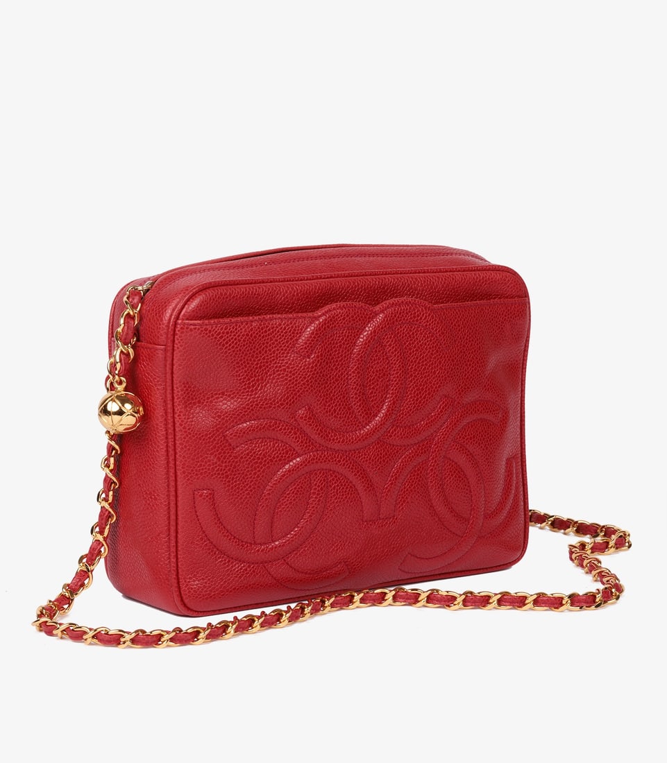 Chanel Red Caviar Leather Vintage Small Triple Logo Camera Bag - 3