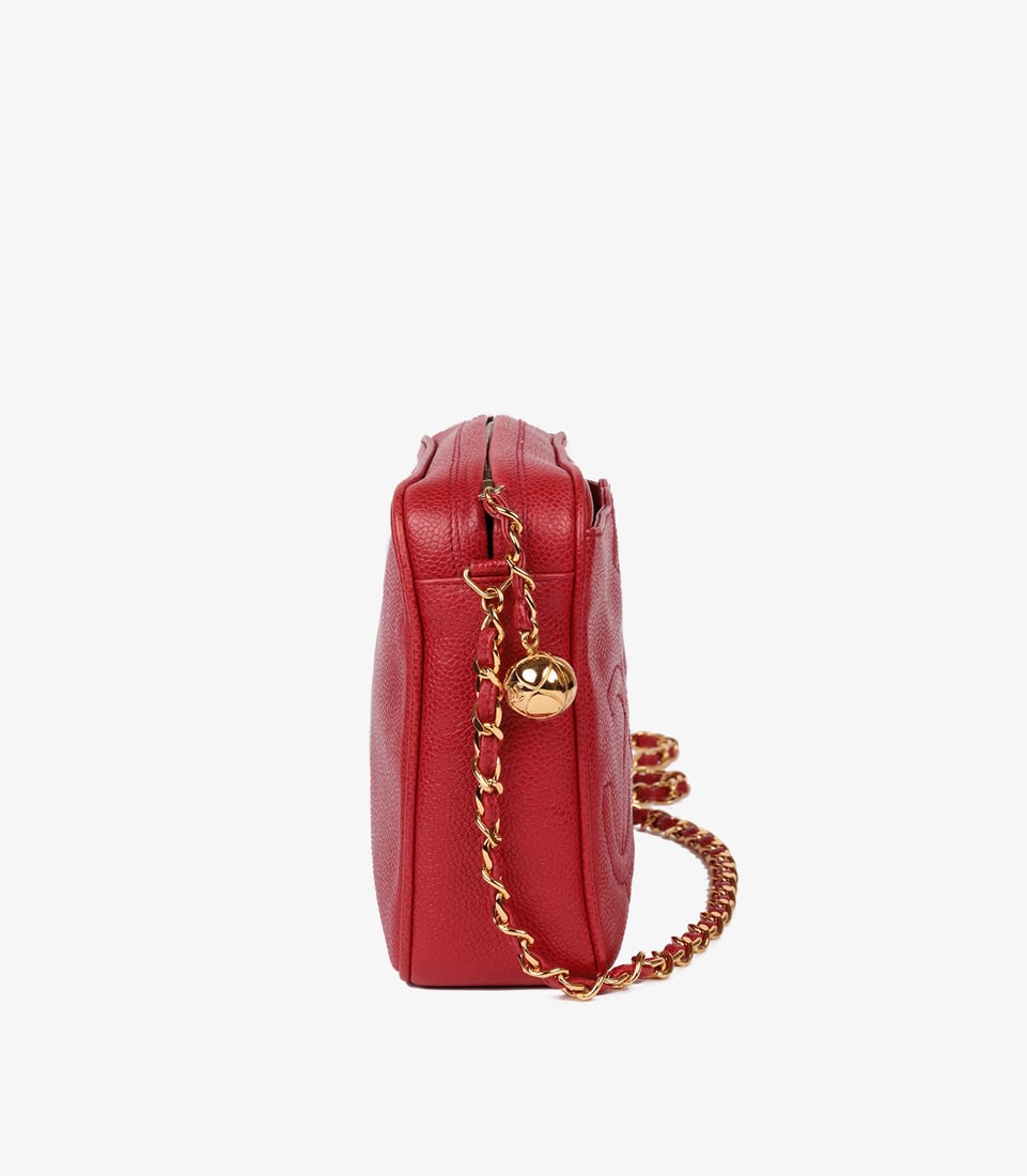 Chanel Red Caviar Leather Vintage Small Triple Logo Camera Bag - 4