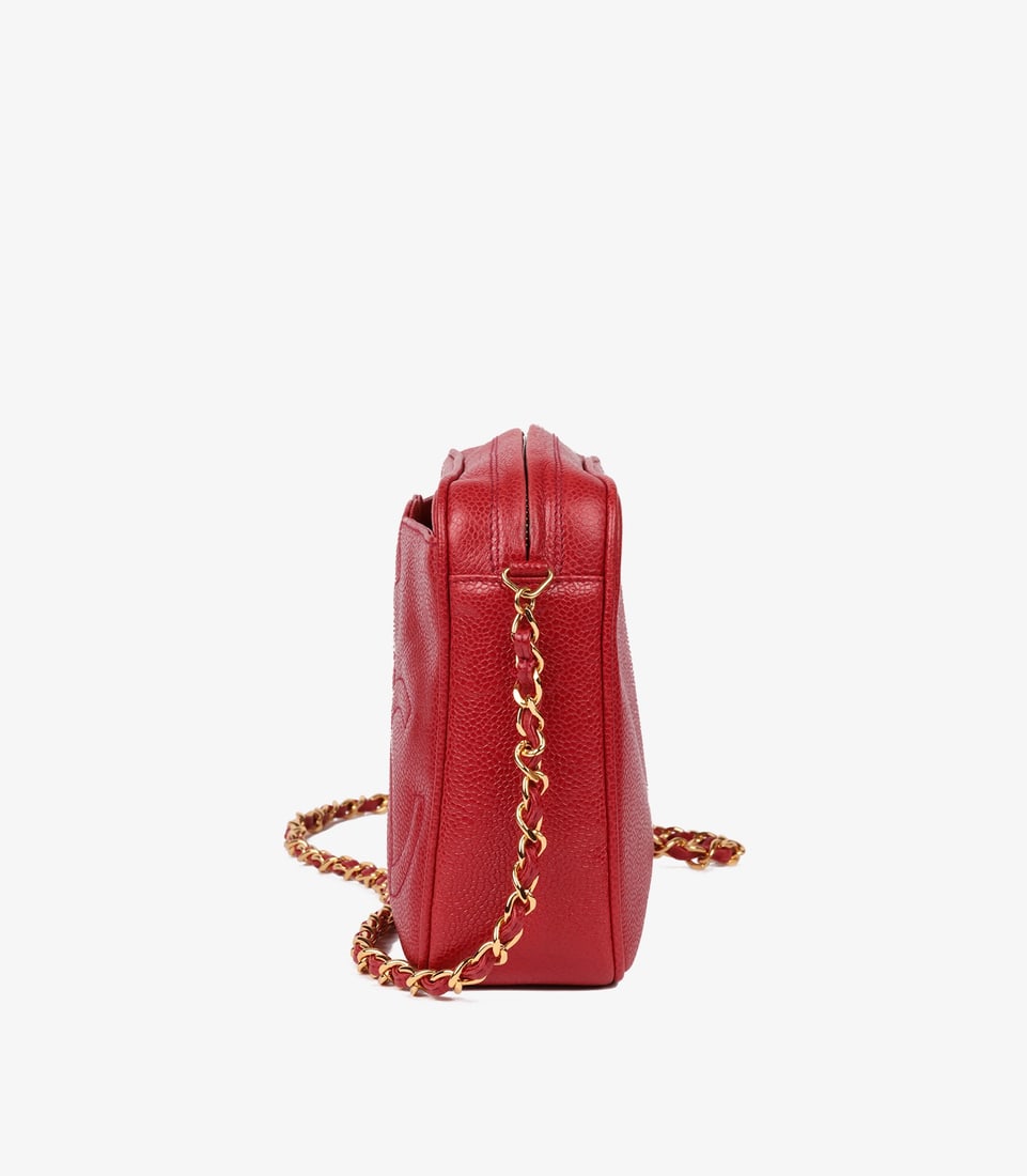 Chanel Red Caviar Leather Vintage Small Triple Logo Camera Bag - 5