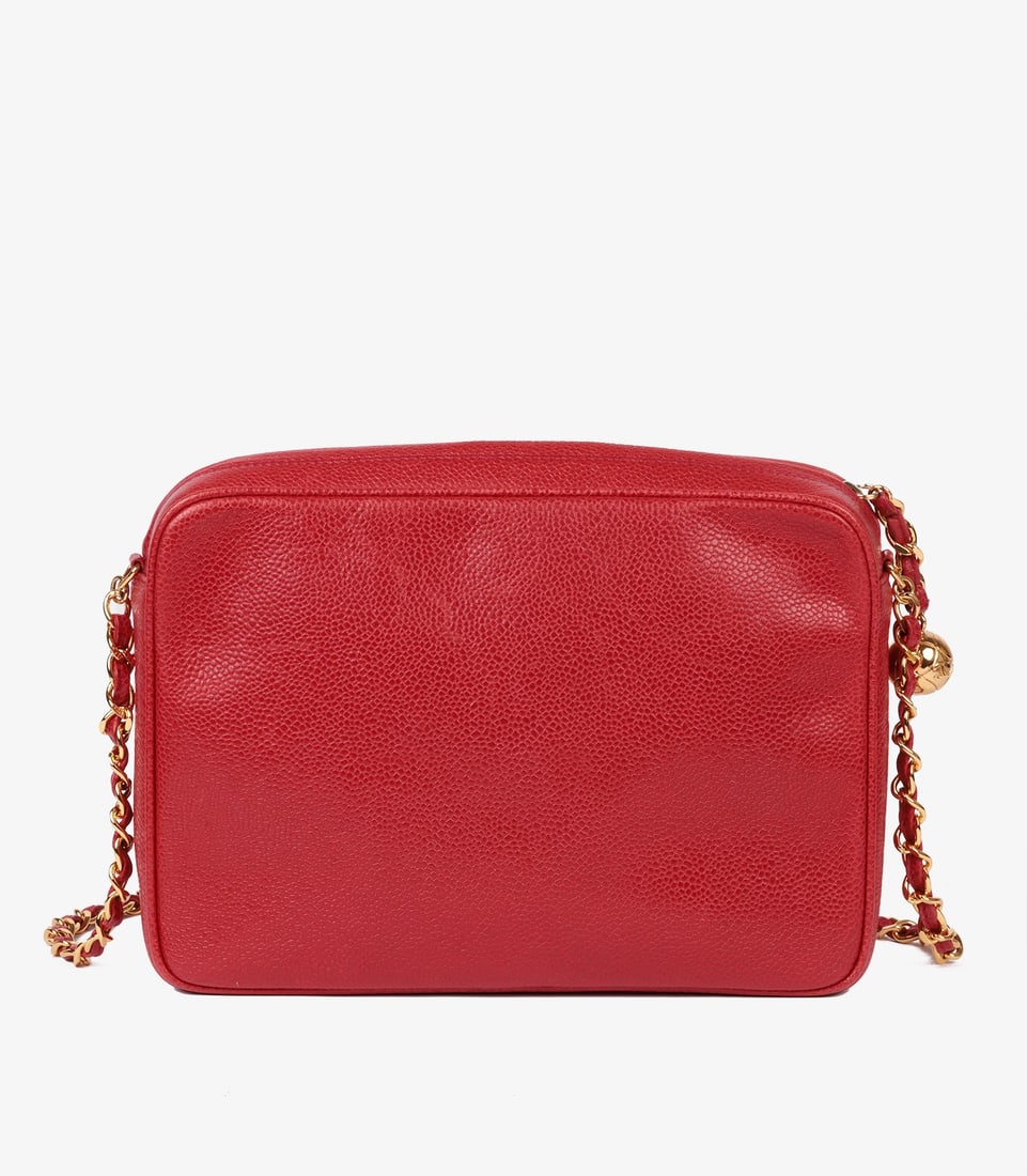 Chanel Red Caviar Leather Vintage Small Triple Logo Camera Bag - 6
