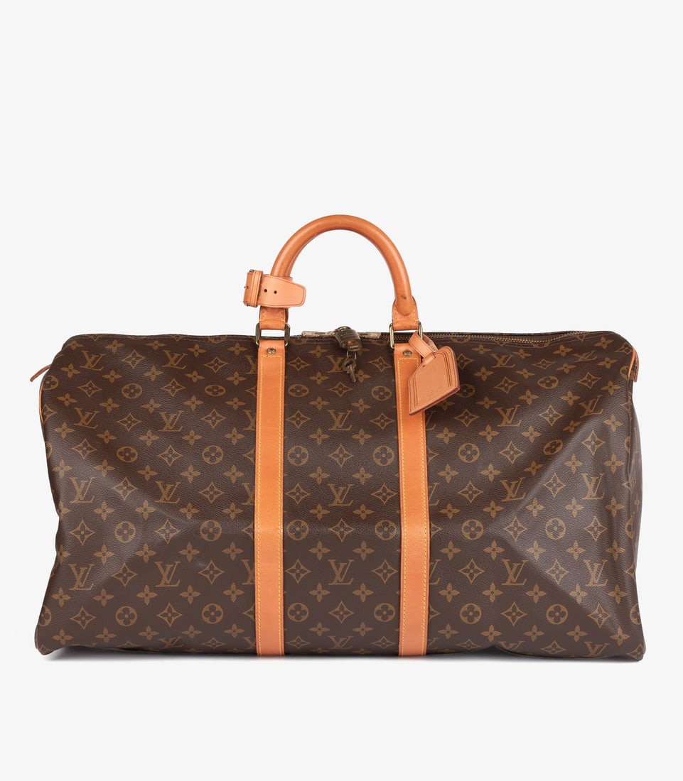 Louis Vuitton Brown Monogram Coated Canvas & Vachetta Leather Vintage Keepall 55: Title: Louis Vuitton Brown Monogram Coated Canvas & Vachetta Leather Vintage Keepall 55 Description: Louis Vuitton Brown Monogram Coated Canvas & Vachetta Leather Vintage Keepall 55