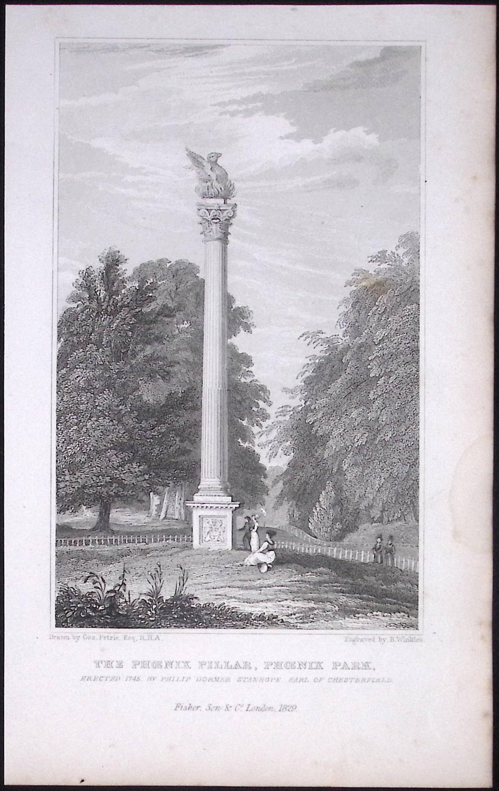 Dublin Phoenix Pillar, Phoenix Park 194 Years Old Antique Steel Engraving-29: Title: Dublin Phoenix Pillar, Phoenix Park 194 Years Old Antique Steel Engraving-29 Description: This Book Plate Was Removed from an Edition of Ireland Illustrated, from Original Drawings