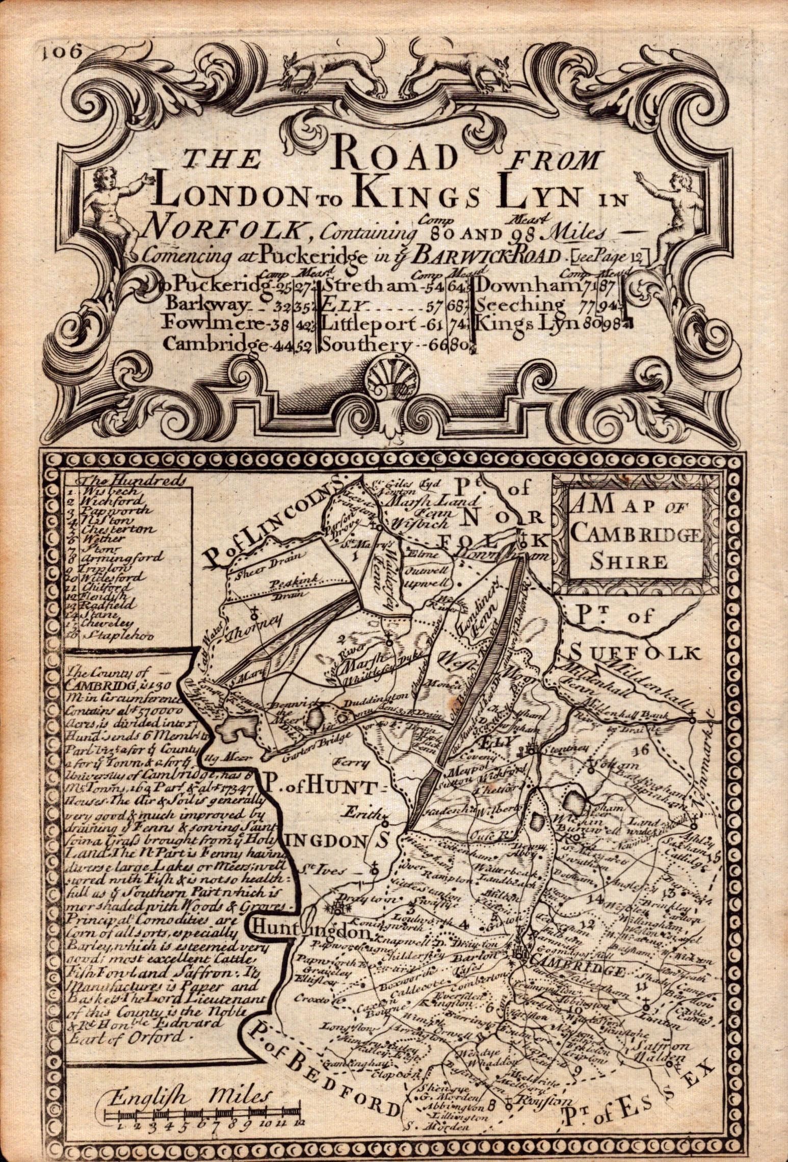 Bowen 290 Yrs Old Scarce Detailed Road Map The Road From London to Kings Lynn. - 2