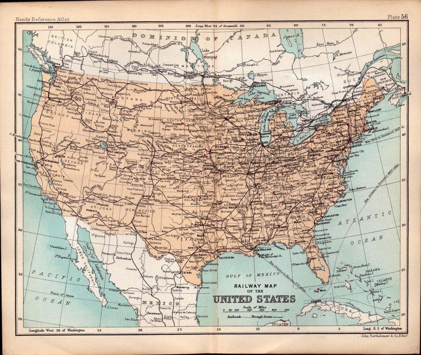 USA Railway Routes Double Sided Victorian Antique Coloured Detailed 1896 Map.: Title: USA Railway Routes Double Sided Victorian Antique Coloured Detailed 1896 Map. Description: This Double-Sided Map Has Been Removed From an. 1896 Edition Handy Reference Atlas by J. G. Bar