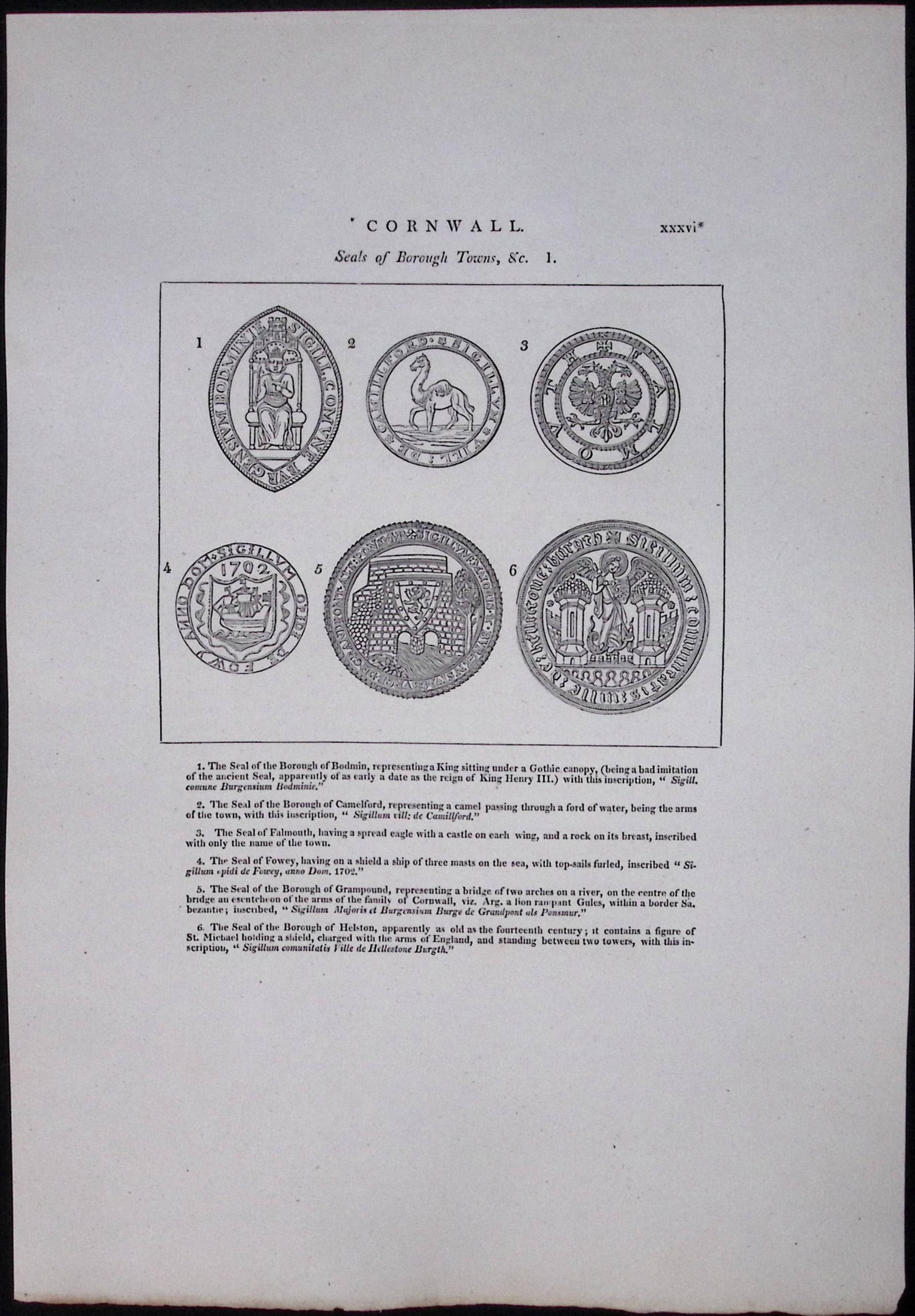 Cornwall Seals of Borough Towns Rare 211 Year-Old Antique Copper Plate Etching 1. (1 of 2)