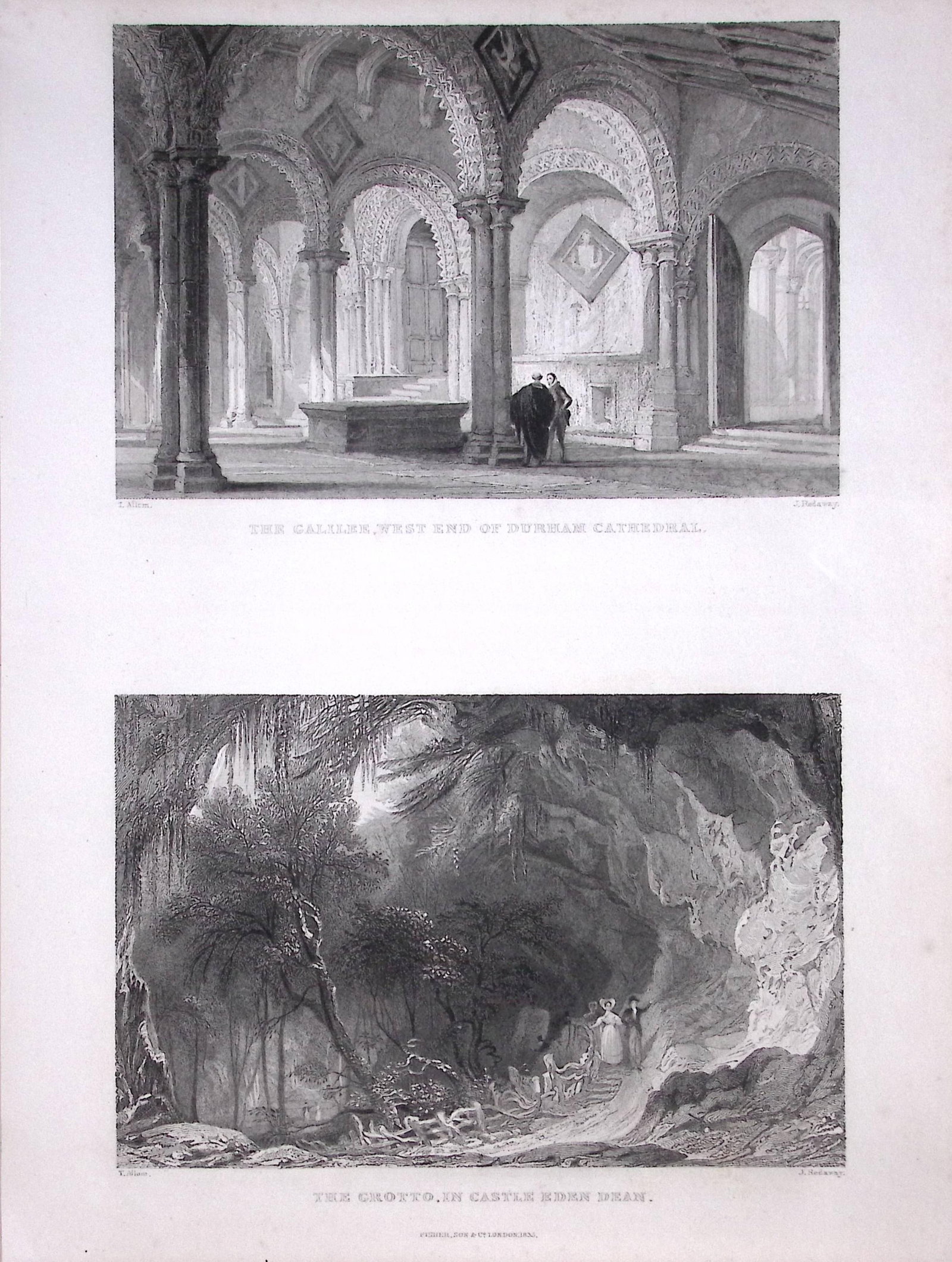 Durham Cathedral & Grotto Eden Dean 1835 Antique Steel Engraving-9-TR: Title: Durham Cathedral & Grotto Eden Dean 1835 Antique Steel Engraving-9-TR Description: This Double Image Steel Engraved Print Has Been Removed from an Antique 1835 Edition of. Westmorland,