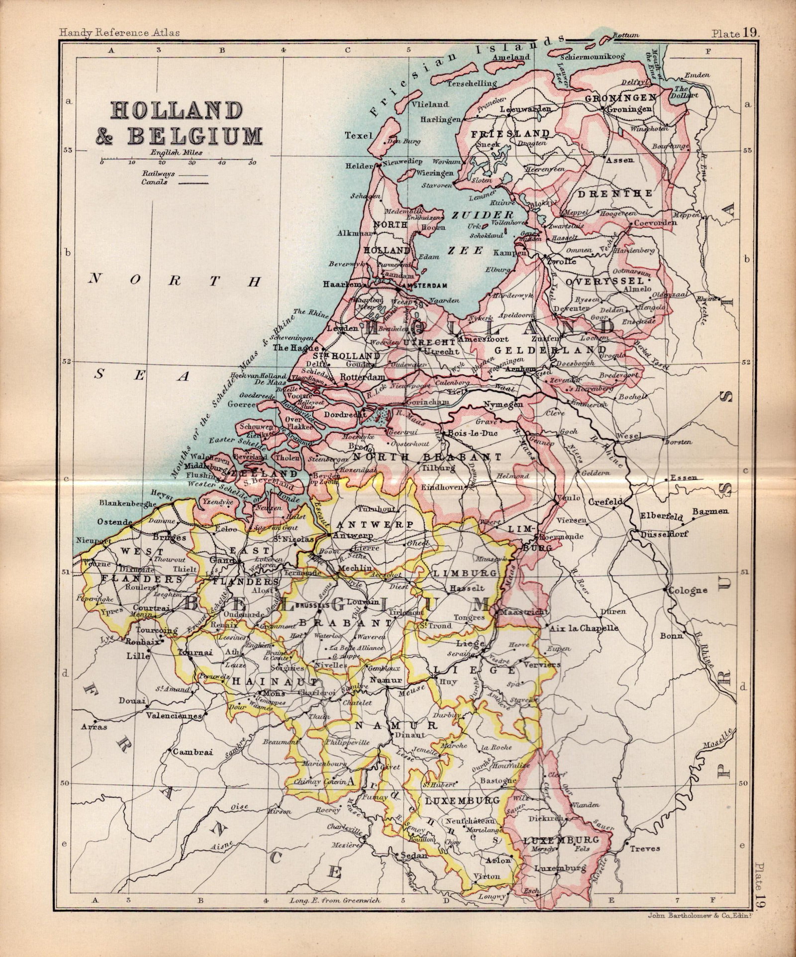 Holland & Belgium Area Double Sided Antique 1896 Map.: Title: Holland & Belgium Area Double Sided Antique 1896 Map. Description: This Antique Double-Sided Map Has Been Removed From an. 1896 Edition Handy Reference Atlas by J. G. Bartholomew.