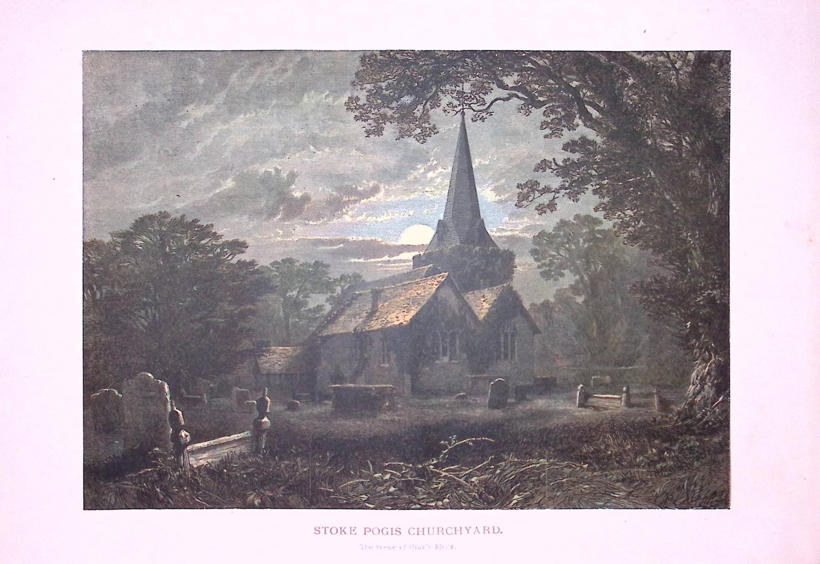 Stoke Pogis Churchyard Antique Coloured 147 Years-Old Illustration-23: Title: Stoke Pogis Churchyard Antique Coloured 147 Years-Old Illustration-23 Description: This Antique Illustration Was Removed from a 147-Year-Old Edition of. English Pictures Drawn with Pen
