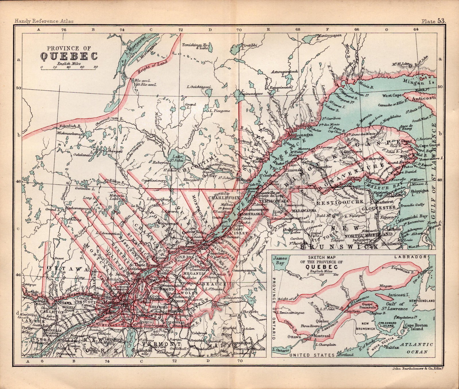 Canada Quebec Province Double Sided Antique 1896 Map.: Title: Canada Quebec Province Double Sided Antique 1896 Map. Description: This Double-Sided Map Has Been Removed From an. 1896 Edition Handy Reference Atlas by J. G. Bartholomew. Approximat
