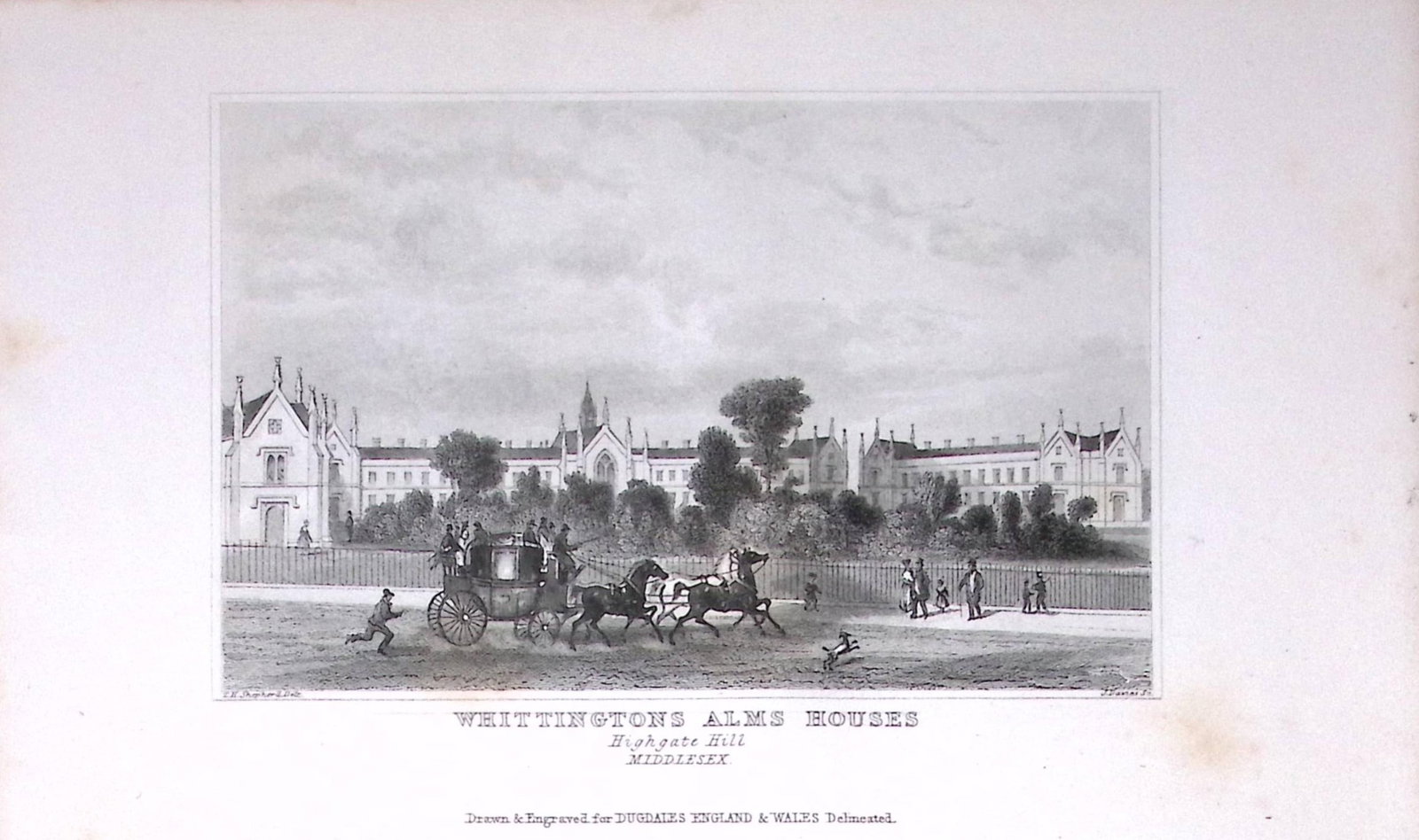 London Highgate Whitingtons Alms Dugdale & Archer Antique 180 Years-Old Copper Plate Print-56 (1 of 2)