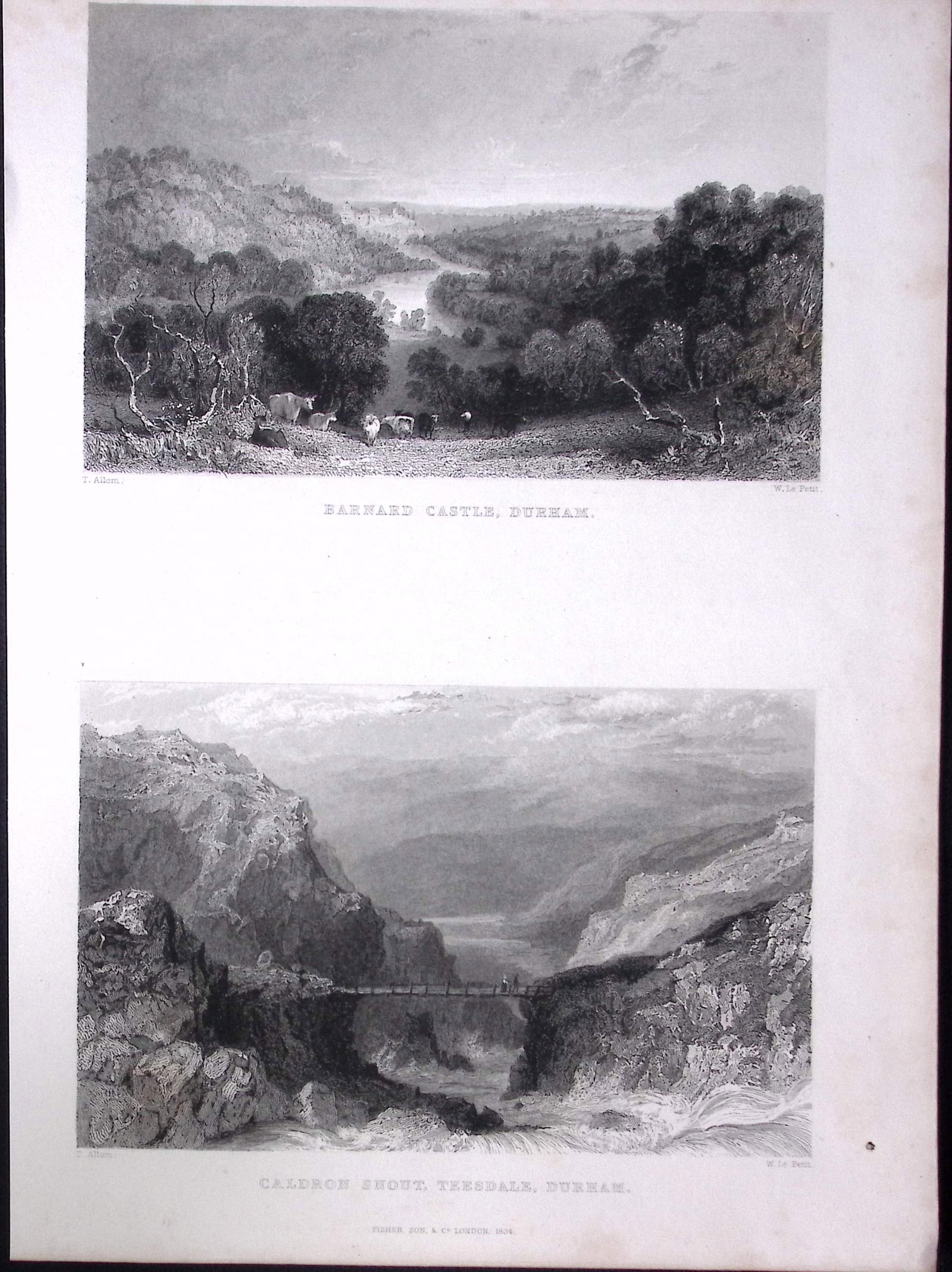 Barnard Castle, Cauldron Shout Durham 1835 Antique Steel Engraving-1-TR: Title: Barnard Castle, Cauldron Shout Durham 1835 Antique Steel Engraving-1-TR Description: This Double Image Steel Engraved Print Has Been Removed from an Antique 1835 Edition of. Westmorland,