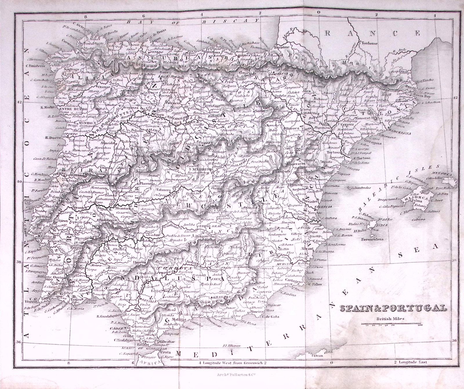 Spain & Portugal Detailed Antique 179-Year-Old Engraved Map-18-TR (1 of 2)